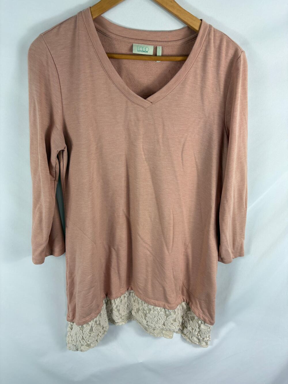 LOGO by Lori Goldstein Lounge Long Sleeve Lace Bottom Tunic Pink Size Small